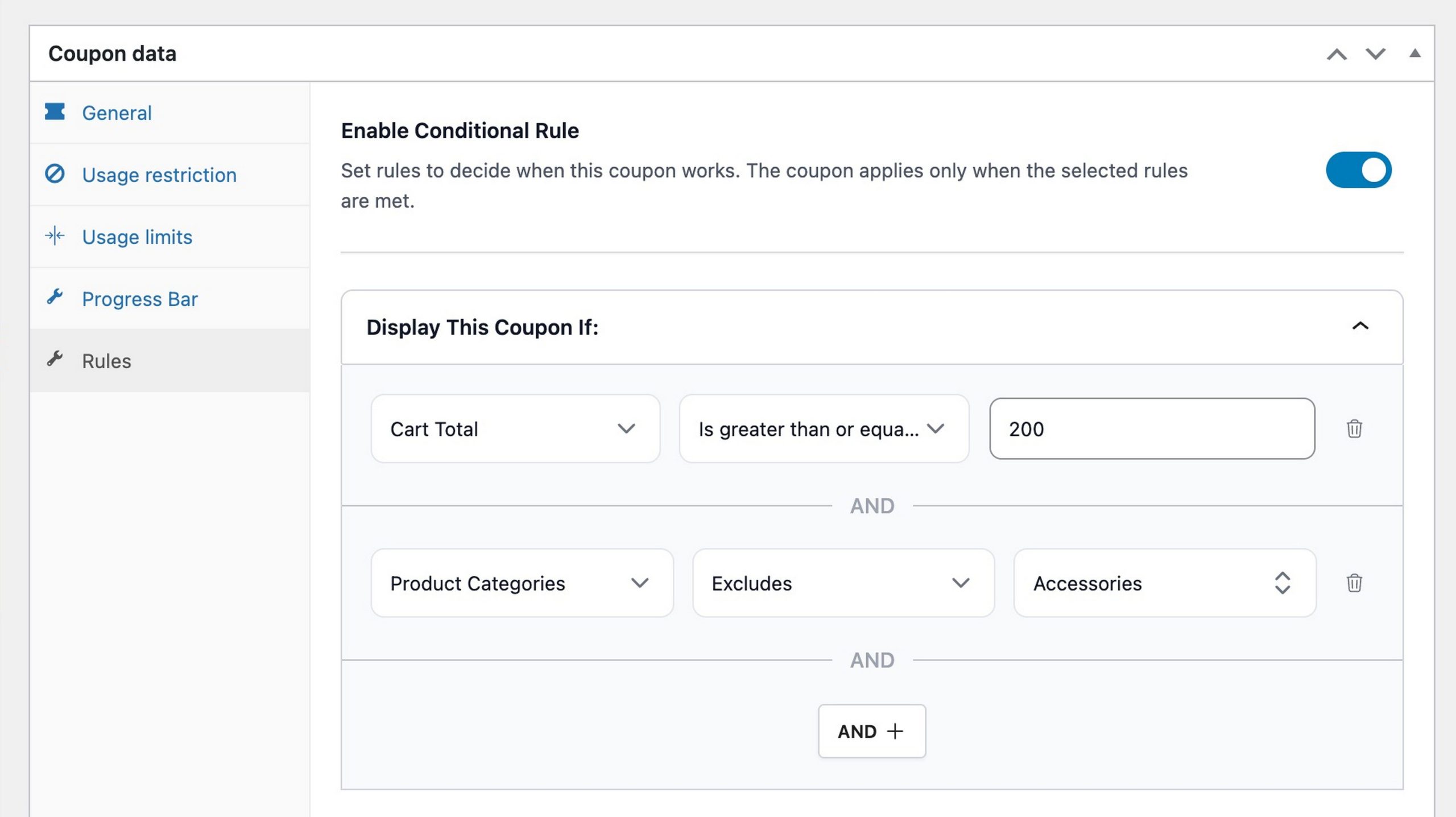 Power Coupons WooCommerce discount rules builder showing cart subtotal, product, category, and quantity condition types